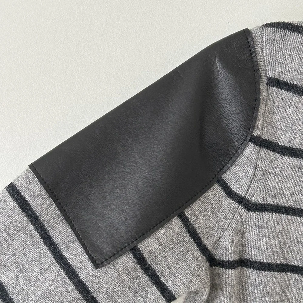 Woolly Minded Wool Cashmere Gray Striped Leather Shoulder Patch Crewneck Sweater